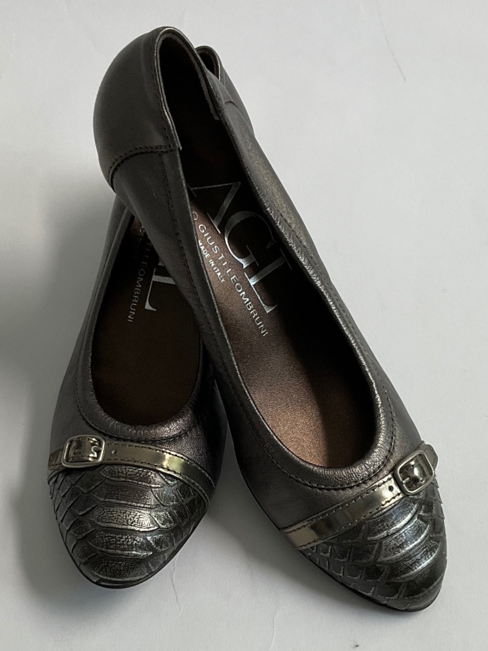 AGL Metallic Leather Cap Toe Wedge Pumps Buckle Slip-On Shoes EU 38